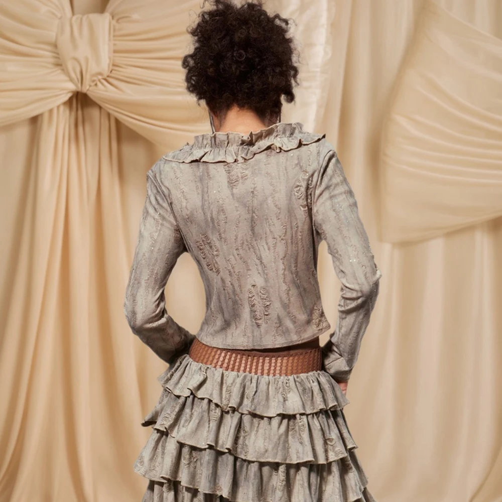 Chemises pour femmes, mode printemps, élégantes, ourlet en laitue, manches longues, col en v, chemises de fête