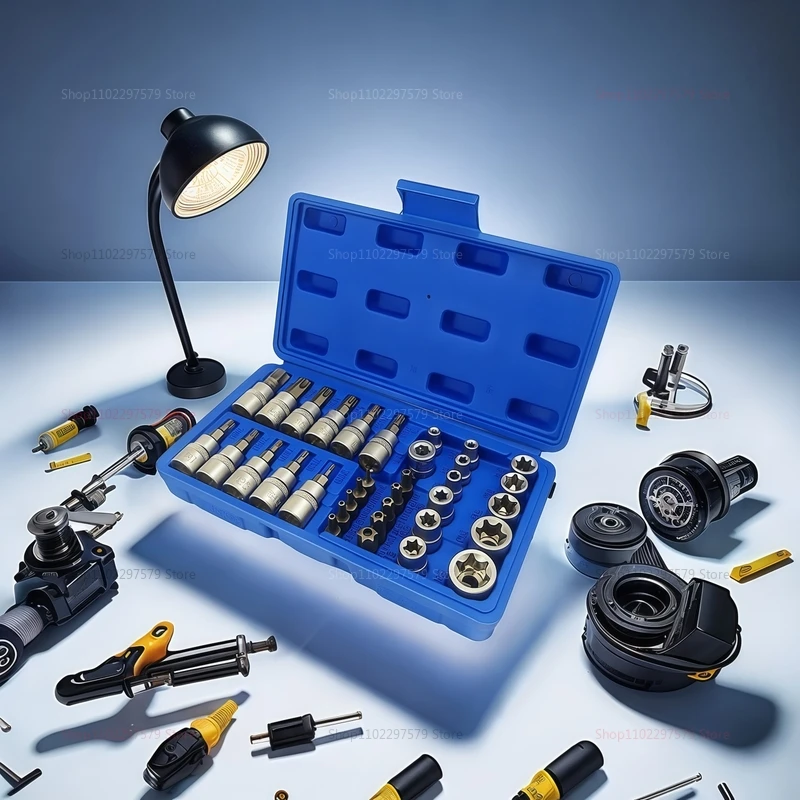 34 قطعة محرك مجموعة مقابس مع 3/8 و 5/16 بوصة بت توركس ستار مآخذ النجوم الخارجية لإصلاح السيارات الميكانيكية