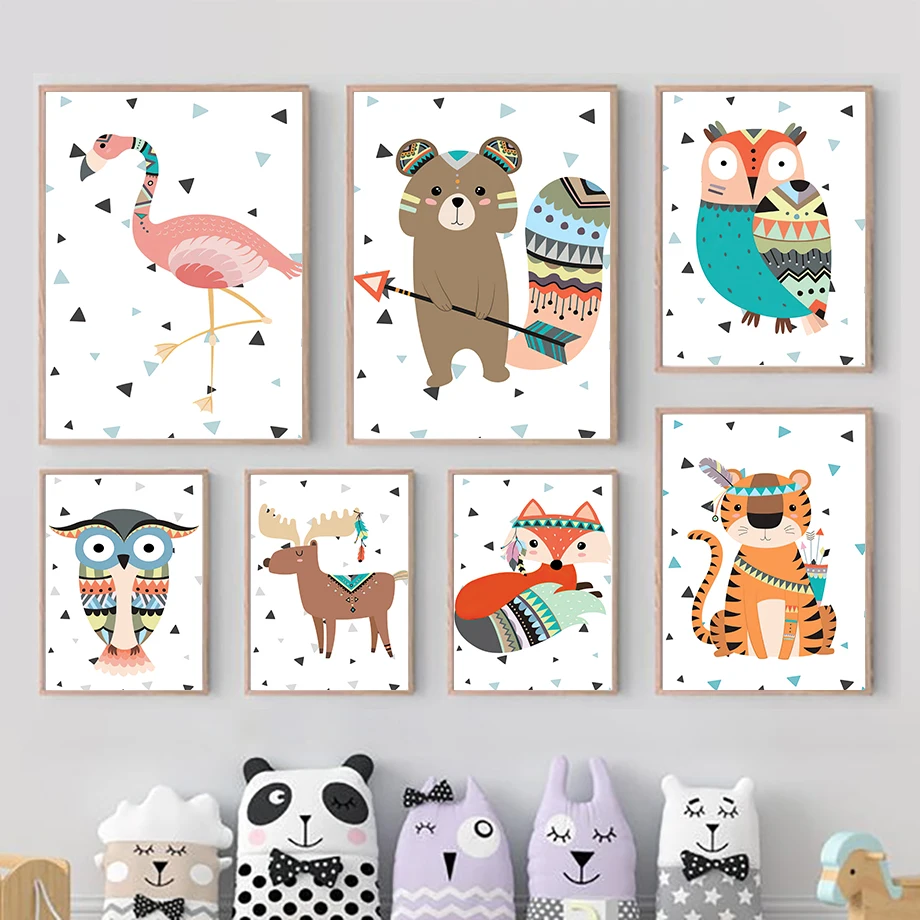 Fox Deer Owl Flamingo Bear Tiger Indian Animals Wall Art Minimalist Aesthetics Print Canvas Painting for Living Room Home Decor
