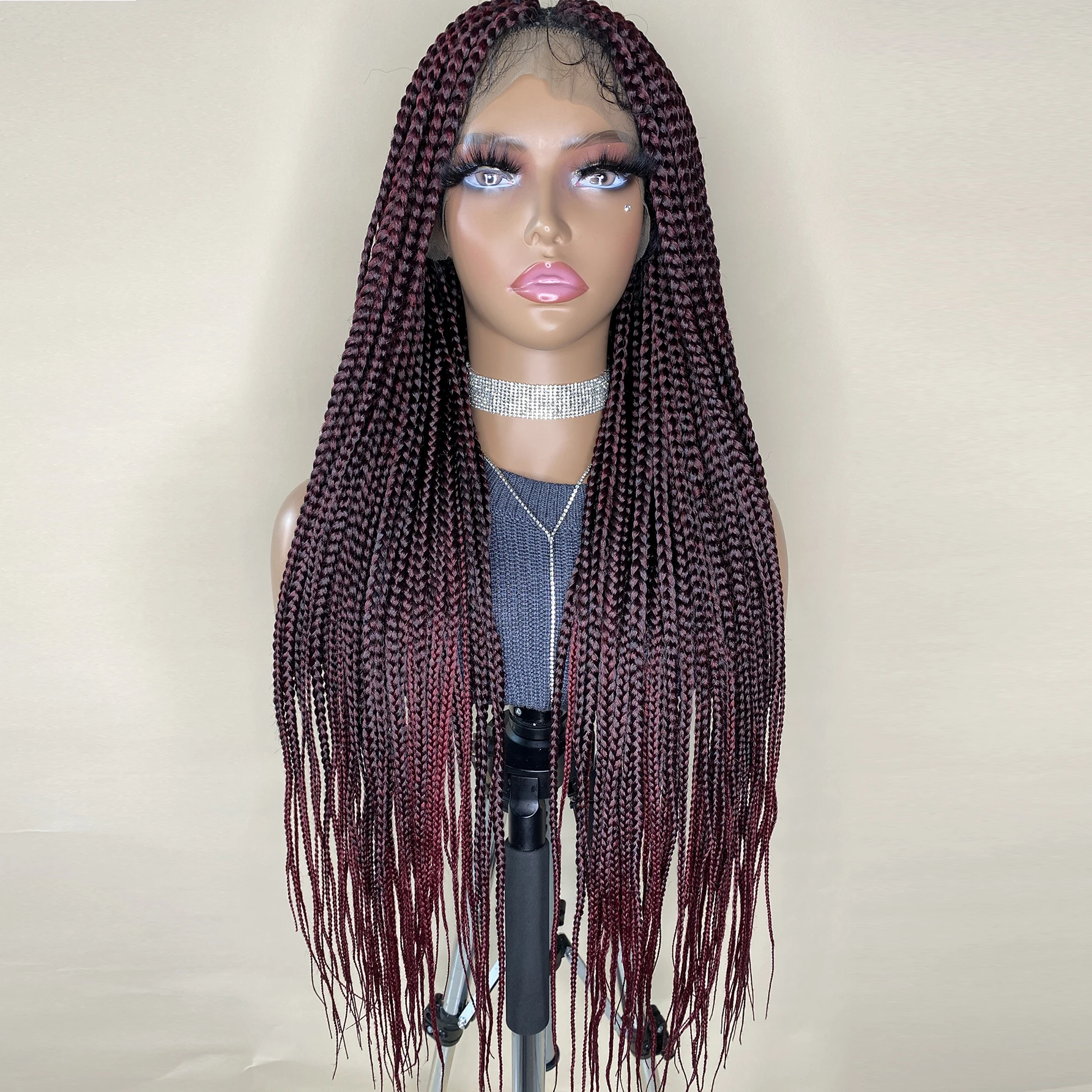 باروكة صناعية مضفرة باللون الأحمر العنابي - دانتيل أمامي كامل مع ضفائر صندوقية بدون عقدة، شعر مقاوم للحرارة للنساء #2