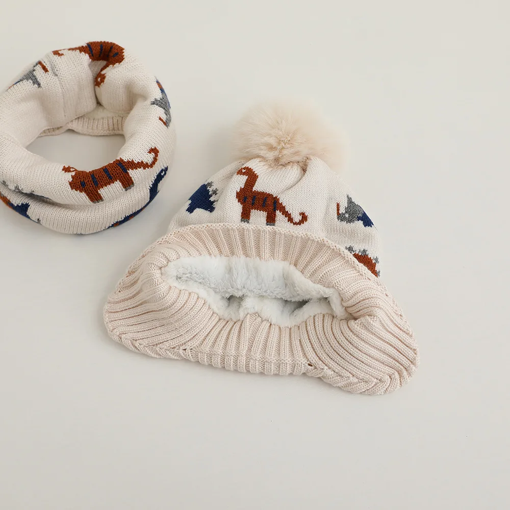 Doitbest-gorros cálidos de invierno para niño y niña, conjunto de bufanda y sombrero, Bola de piel, dinosaurio pequeño, bufandas acrílicas de punto