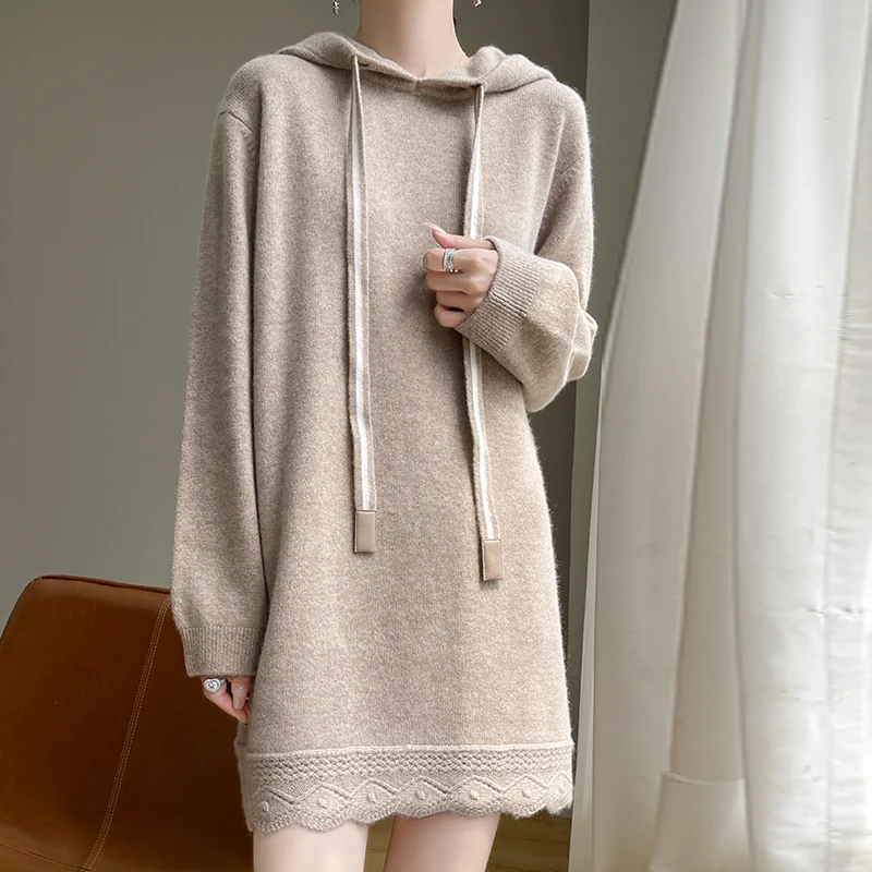 

100% Pure Wool Mid-Length Hooded Pullover | Solid Color Women's Sweater Warm Knitwear