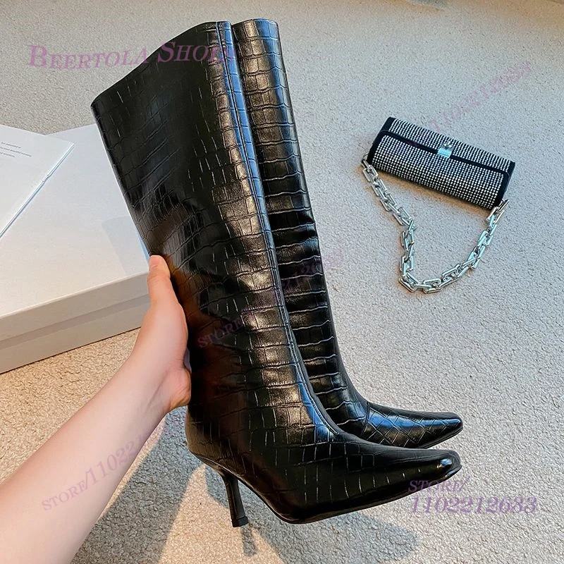 

Plaid Striped Black Straight Knee Boots Stone Patent Leather Women's Stiletto Heels Low Heels Heeled Square Stiff Leather Shoes