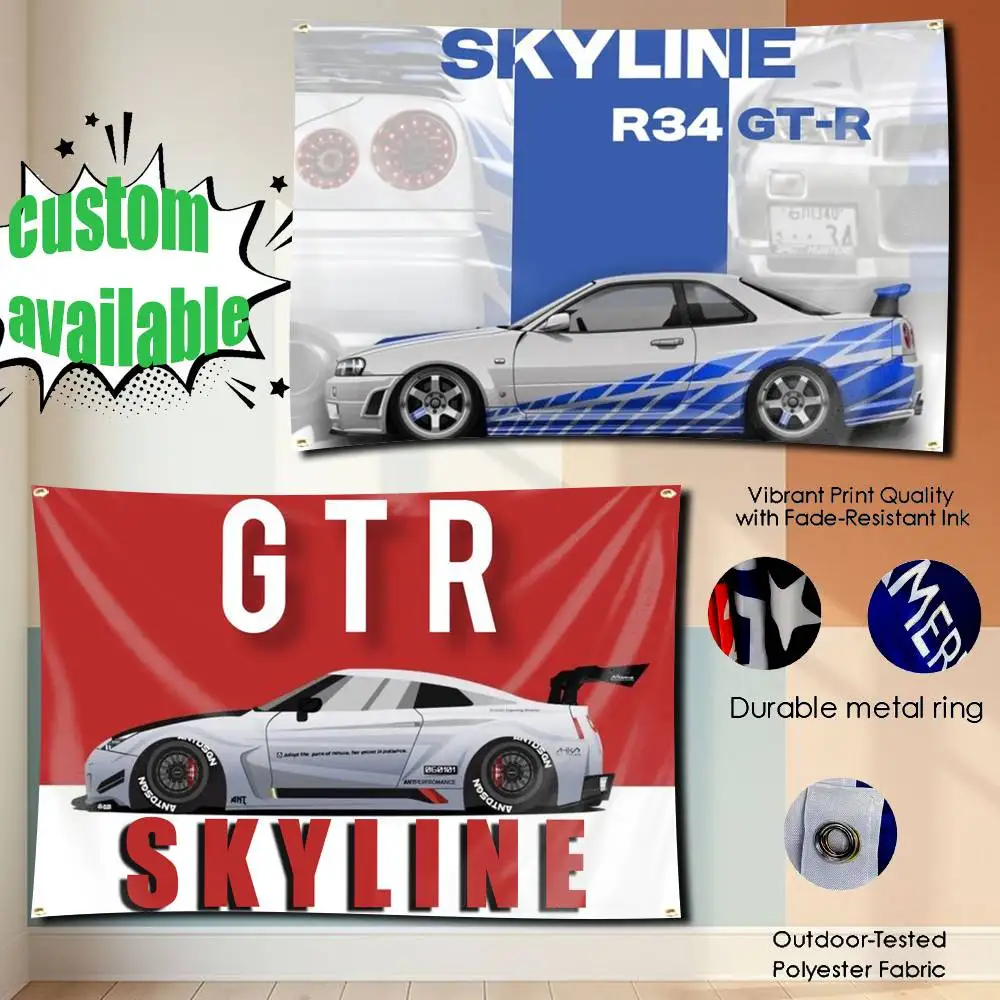 

NISS-SkyLine R34 GT-R Super-GTR Flag Tapestry Banner for Bedroom Living Room Outdoor Camping Custom Supported