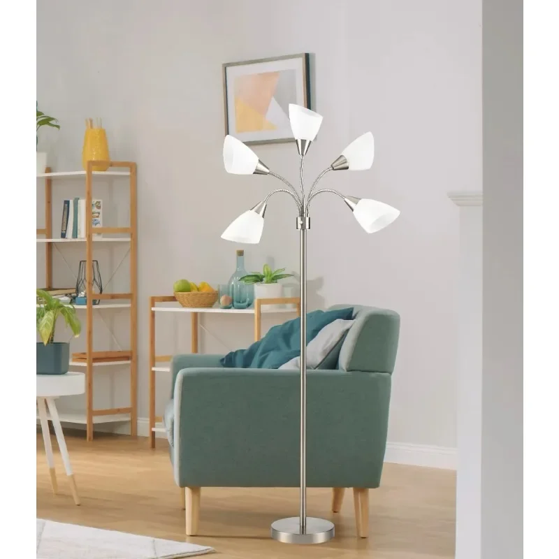 

NEW 67" Adjustable 5 Lite Brushed Steel Metal Floor Lamp, Modern, Adult , Young Adult Use-Fast shipping