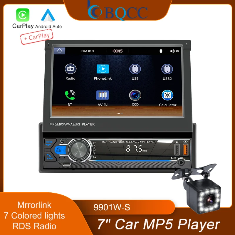 

BQCC 9901W 7" 1 Din AUX BT Colorful lights RDS USB TYPE-C charging Mirrorlink Car Stereo wireless Android AUTO/CarPlay Car Radio