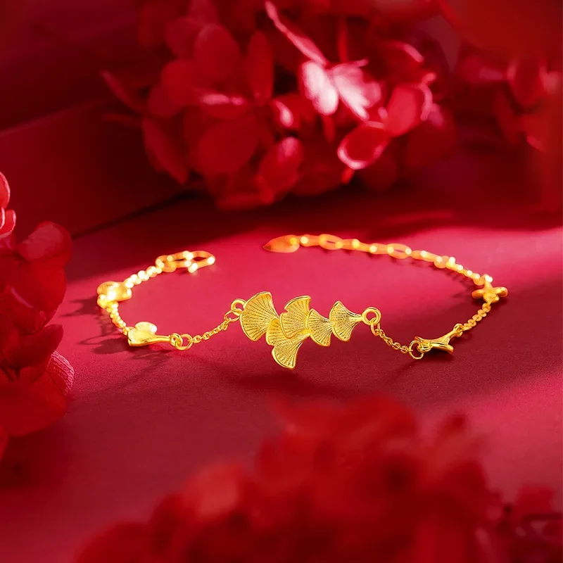 Bracciale con foglia di ginkgo in oro giallo 24 carati in vero oro 9999 Nuovo regalo di Capodanno di lusso leggero