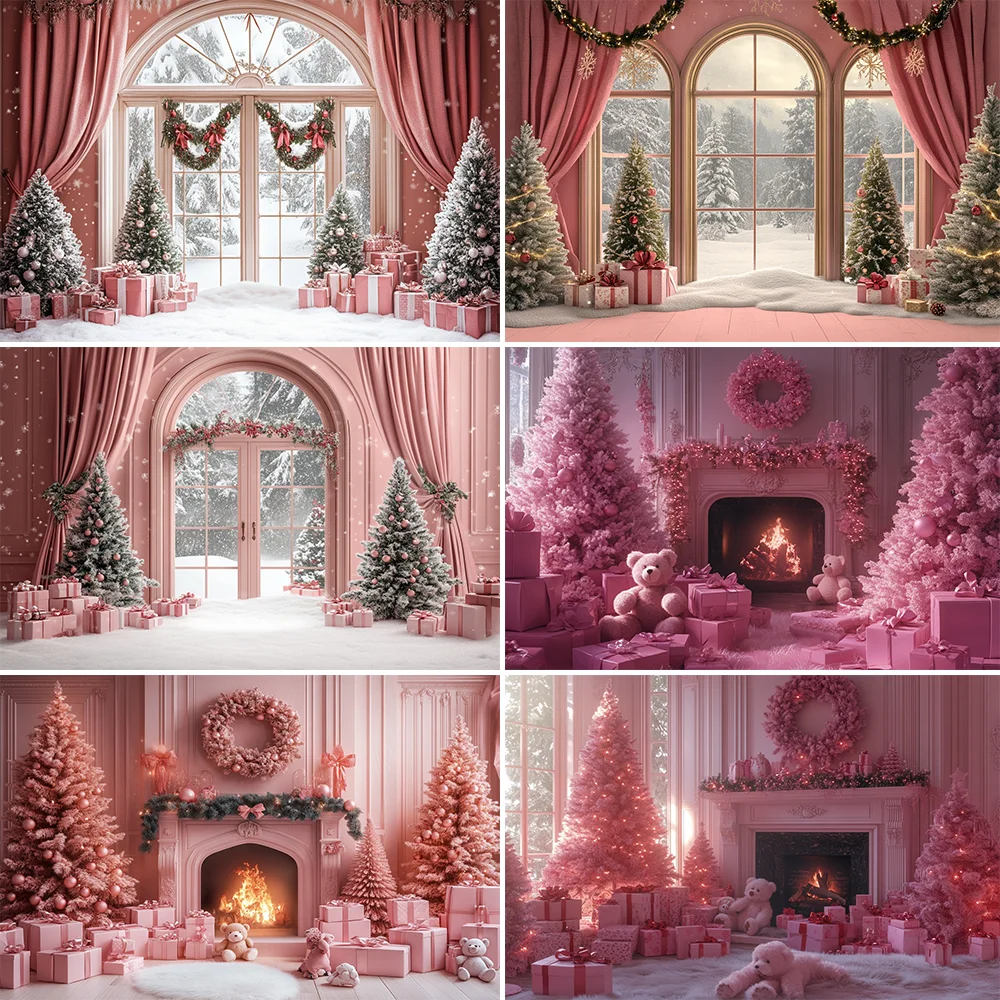 

Winter Wonderland Background Banner - Pink Curtains and Snowy Christmas Tree Scene for Photographs Shooting Props Photo