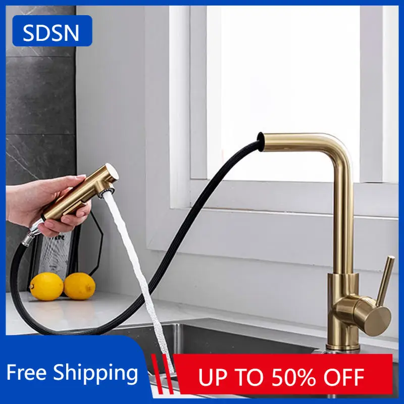 

SDSN Pull Out Kitchen Sink Faucets Quality Stainless Steel Hot Cold Kitchen Sink Mixer Tap Brushed Gold Pull Down Kitchen Faucet