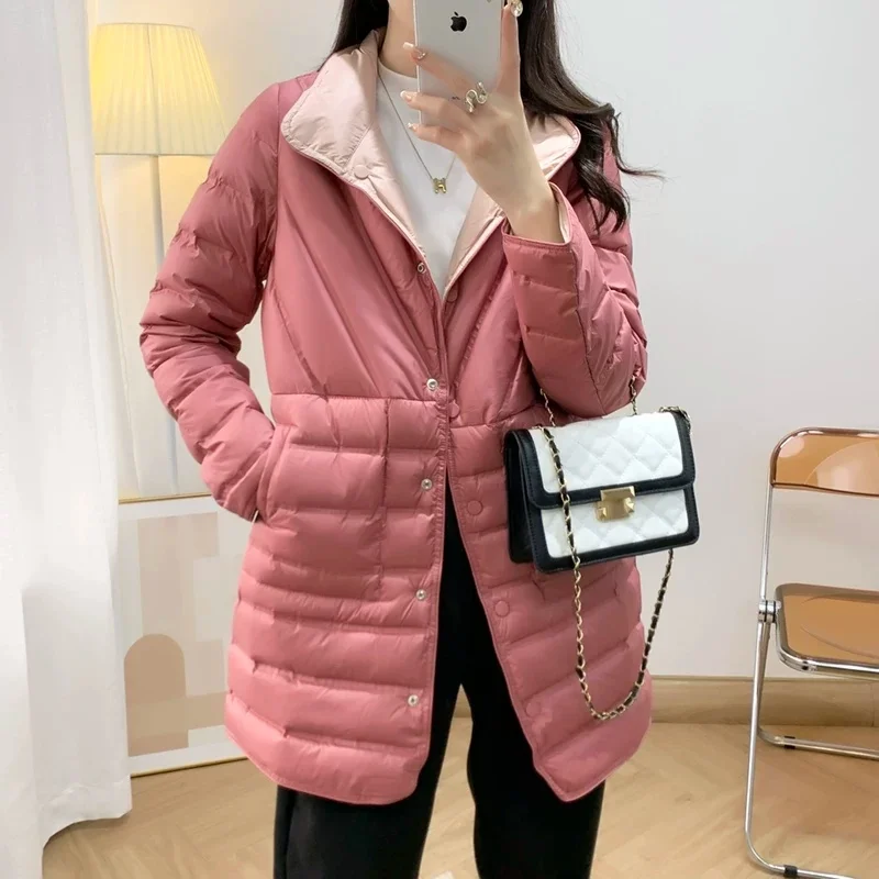 Two-Sided Winter Warm Down Coat Women Light Thin White Duck Down Jacket Parkas Ladies Single Breasted Midi Long Puffer Outwears