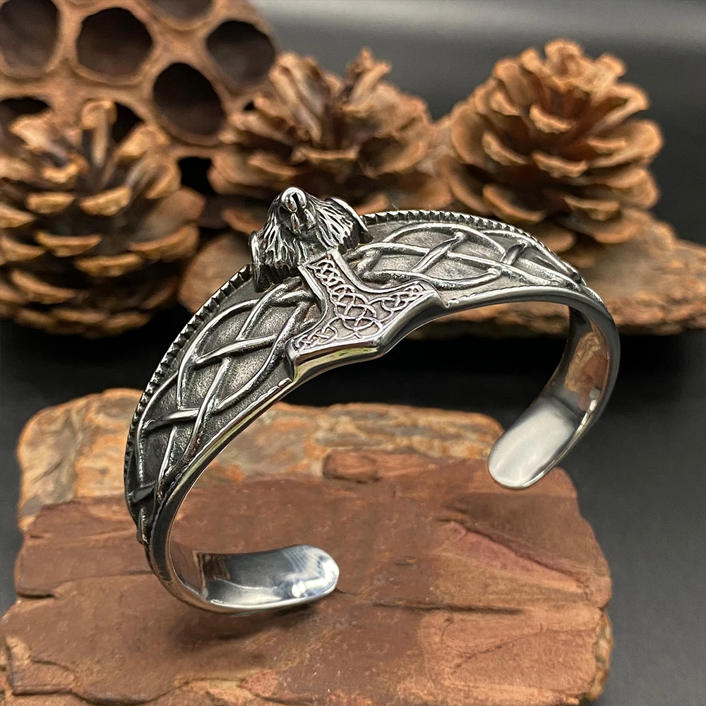 

Retro Viking Hammer Bracelet Adjustable Stainless Steel Mjolnir Bangle with Futhark Runes Punk Net Design Men's Jewelry
