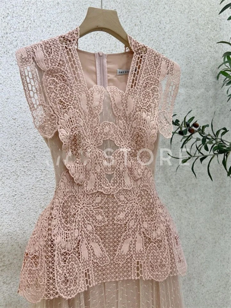 

2023 Dress Sleeveless Sundress Women Summer Vintage Party Backless Dresses Beach Woman Runway Sexy Embroidery Lace Boho Vestido