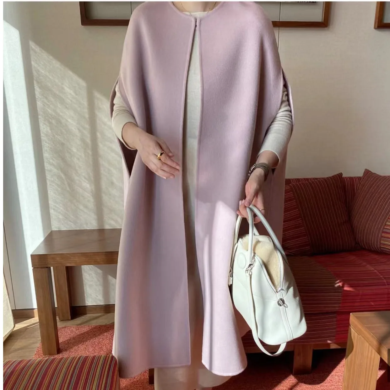 

Loose Batwing Sweater Long Woolen Vest Jaet Women's Faion Outerwear Straight Cut Sle Button Detail Polyester Fiber