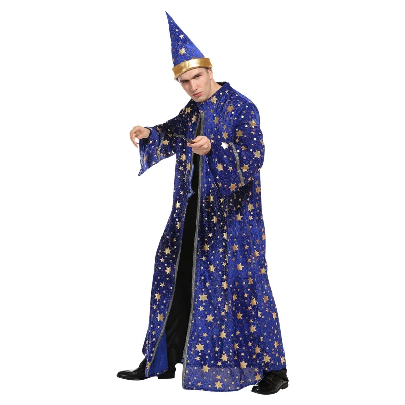 Halloween Blaue Robe und Hut Sterne Mond Magie Zauberer Zauberer Kostüm Cosplay Erwachsene Männer Bühne Leistung Party Kleidung