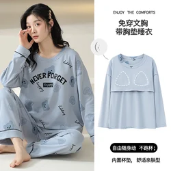 Women knited Cotton Pajamas Set Cute Cartoon Long Sleeve Sleepwear 2 Piece Set With Chest Pad