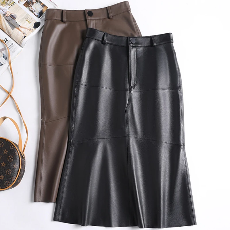 

Elegant Genuine Leather High Waist Fishtail Skirt Female Brown/Black Wrap Jupe Mujer 70 cm Long Mid-Calf Sheepskin Office Lady