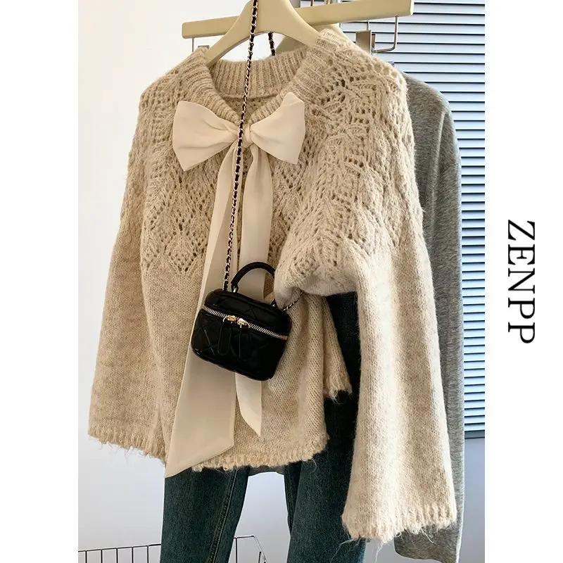 Soft Glutinous Oatmeal Color Bow Knitted Sweater Women's Autumn and Winter Idle Style Design Blouse Da Lang Thirteen Lines