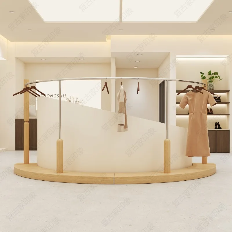 Walnut log color clothing store display rack Floor-to-ceiling belt plate curved Nakajima men's and women's clothing store shelf