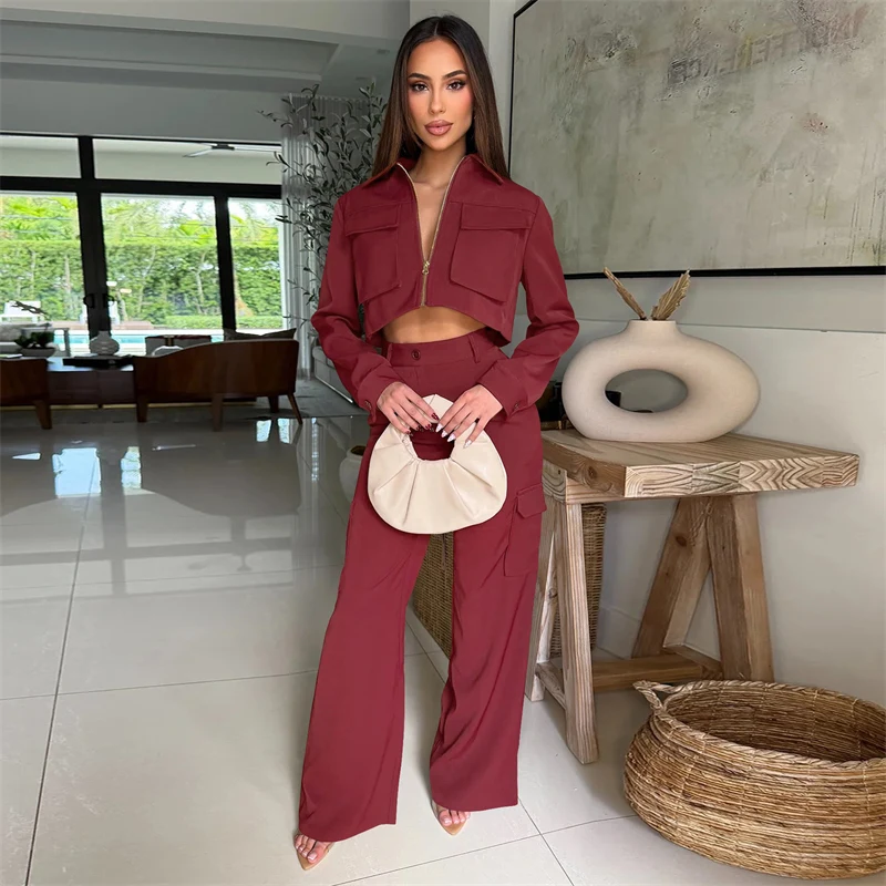 الصلبة خمر رياضية غير رسمية المرأة 2 قطعة الزي جيب كم طويل البريدي سترة علوية وسراويل البضائع مطابقة مجموعات Sweatsuits #5