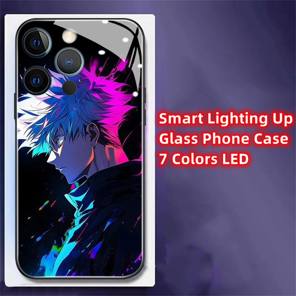 Cool Anime Cartoon Design LED Light Glow Luminous Tempered Glass Phone Case For iPhone 16 15 14 13 12 11 Pro Max X XR Plus