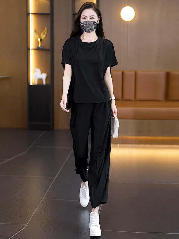 

Faionable Simple Diamond Embellied Heavyweight Loose Women's Set Summer 2025 Commute Two-Piece Suit round Ne ort Sve
