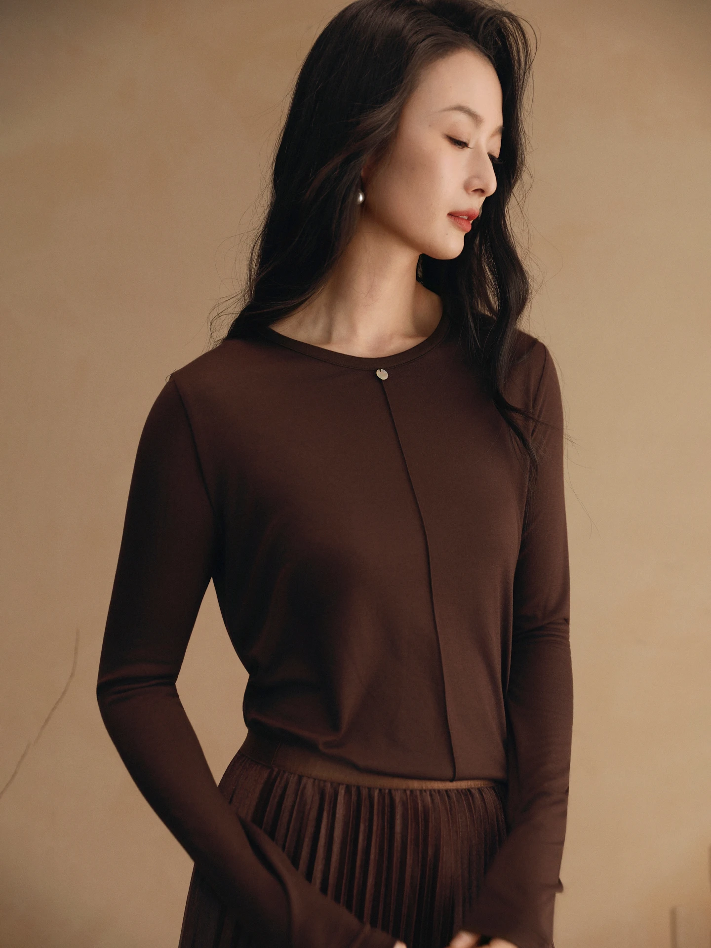 

Women's Camere Modal Knitted round Ne Top Brown Coffee Versatile Base Layer Spring 2026 Casual Sle Stand Fit Long Sl...