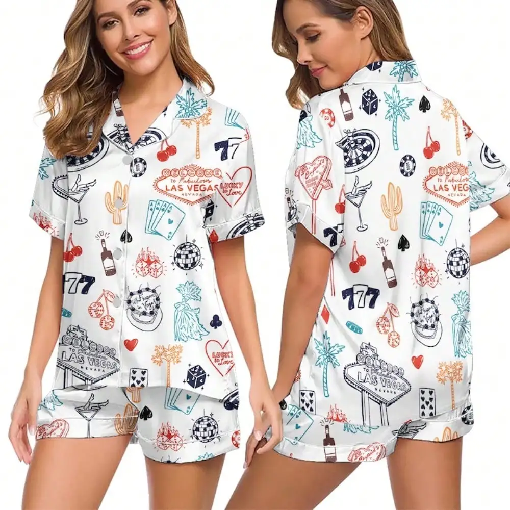 

Women's Casino Pajama Set – Lucky Vegas Satin Sleepwear, 777 Dice PJs