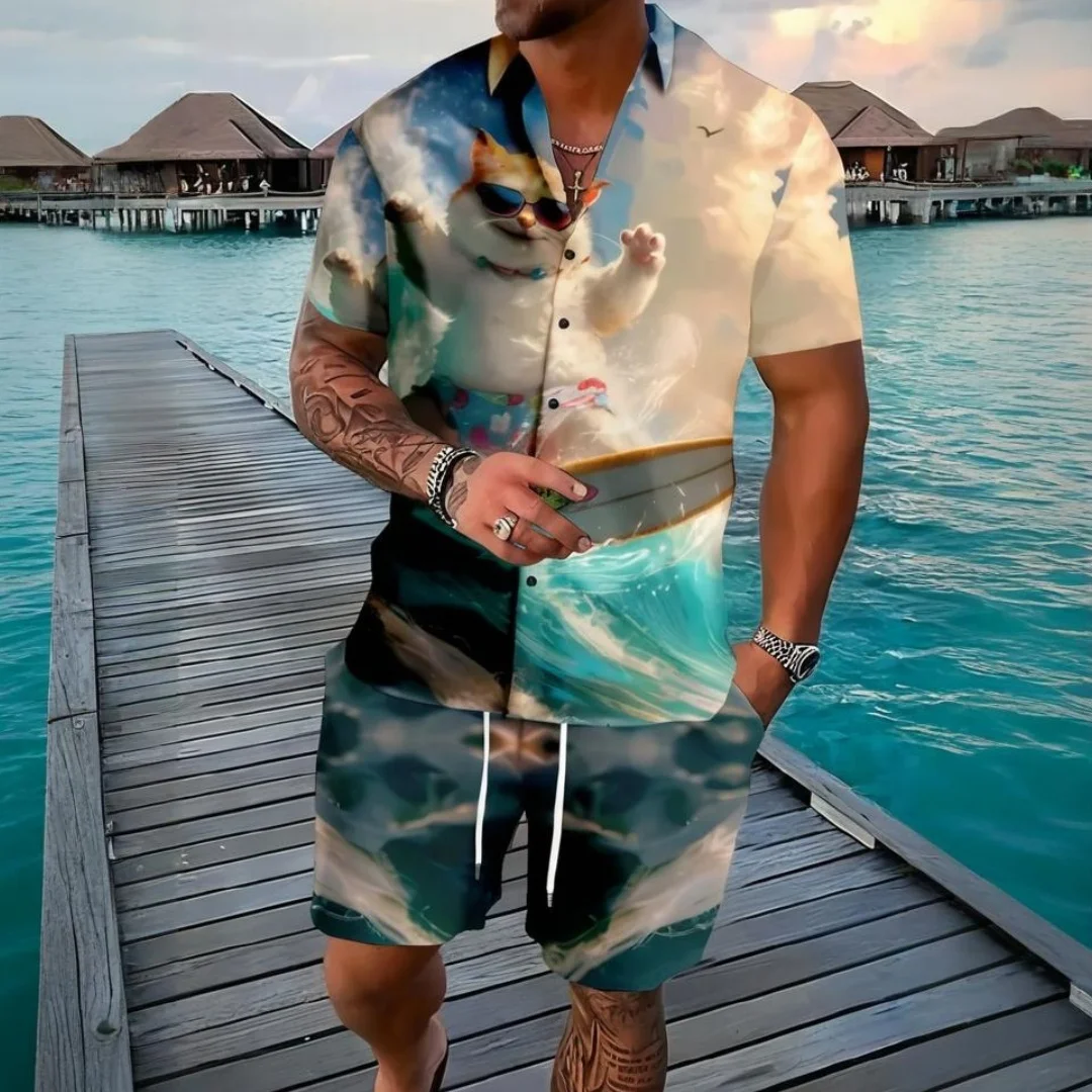 

Летняя мужская рубашка из двух предметов с короткими рукавами и принтом кота, модные шорты, повседневный костюм, Гавайская мужская одежда больших размеров