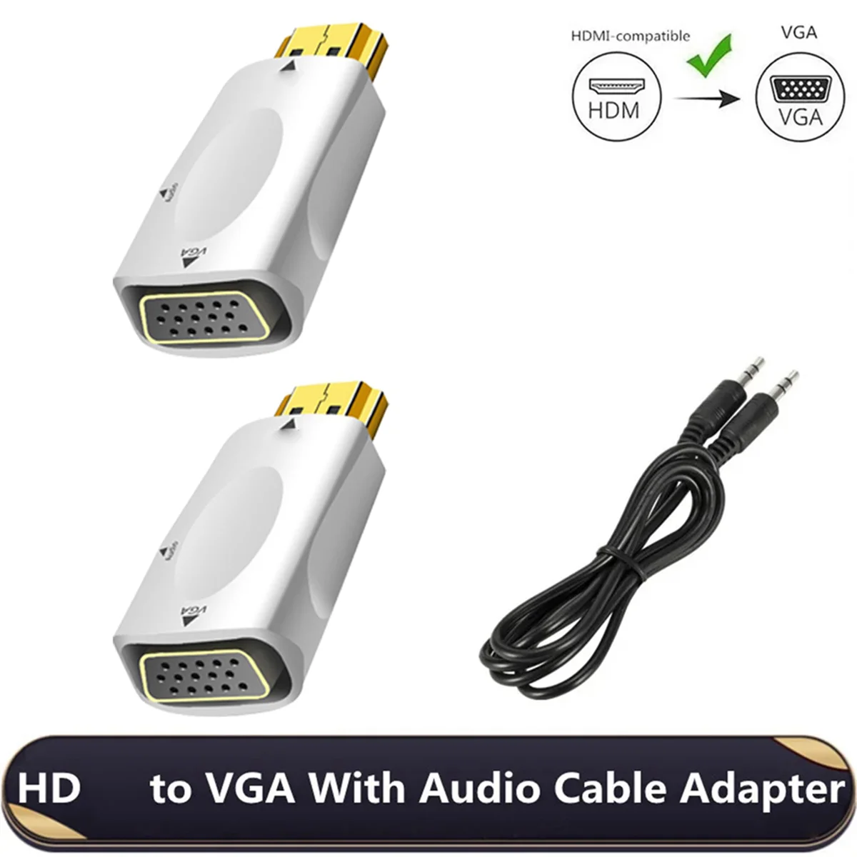 HDMI-Compatible to VGA Adapter HD 1080p Audio Converter Audio Transmission with 3.5mm Jack Audio Converter White