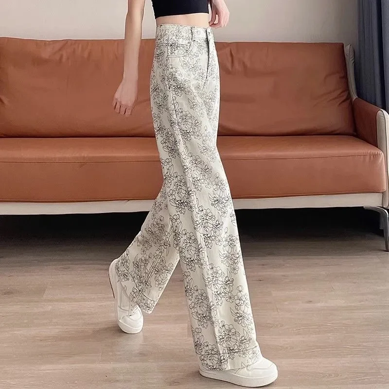 Spring Summer New High Waist Women Printed Jeans Korean Casual Loose All-Match Wide Legs Denim Pants Ladies Straight Jeans
