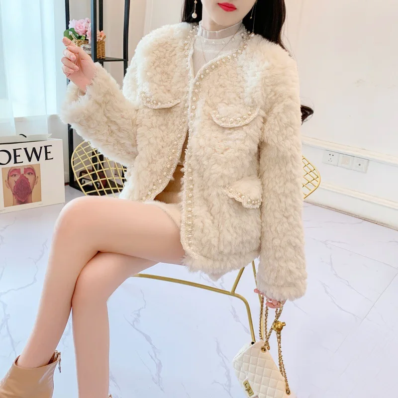 Women\'s Fashion Wool Coat Medium Long Autumn Winter Sweet Fur One Piece Warm Jacket Imitation Lamb Hair Outerwear