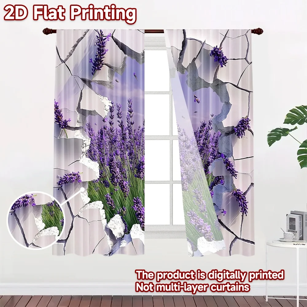 2D flat 2pcs Curtain French Romantic Style Lavender Field Through Cracks Digitally printed polyester, colorfast Festive Curtains
