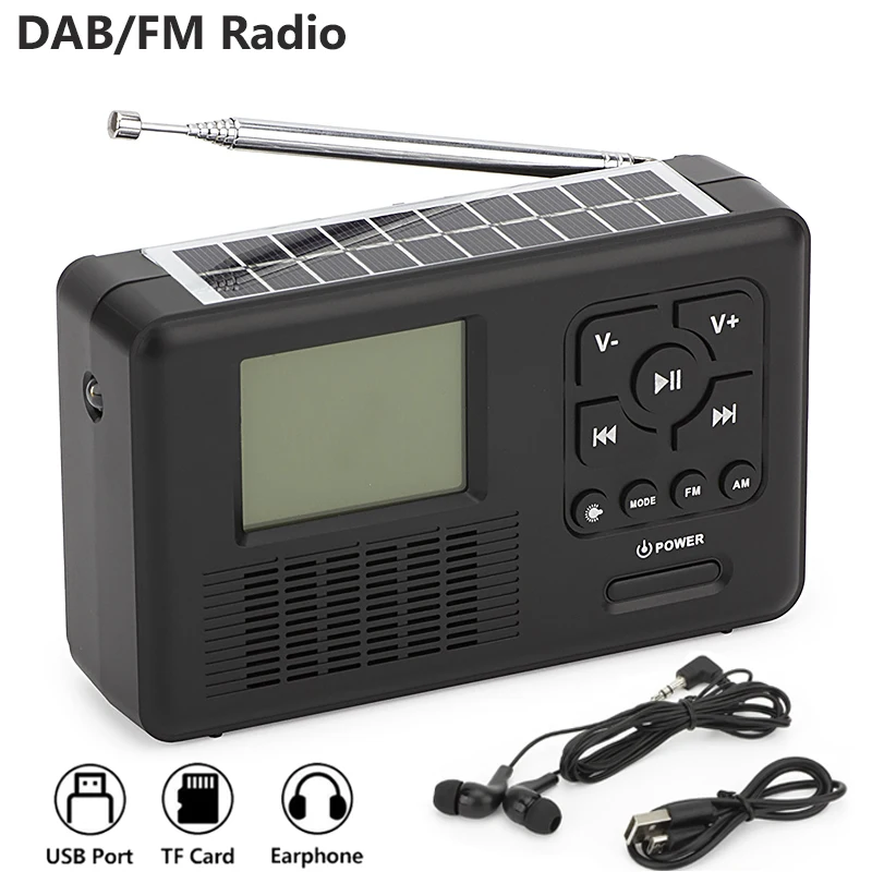 

Портативное DAB/FM-радио Портативное солнечное радио с рукояткой Bluetooth-динамик с ЖК-фонариком Поддержка TF-карты USB-наушники Play