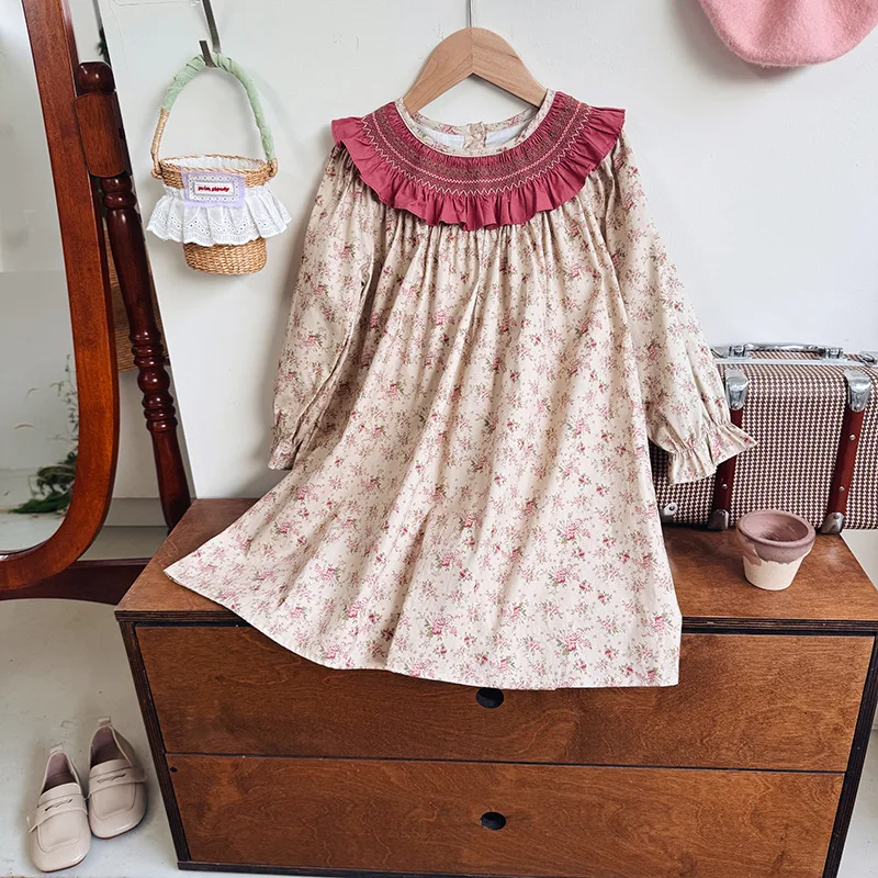 

French Retro Children's Clothing Ruffled Collar Floral Girl's Dress2025Autumn New Style Elegant Long Sleeve Children's Dress