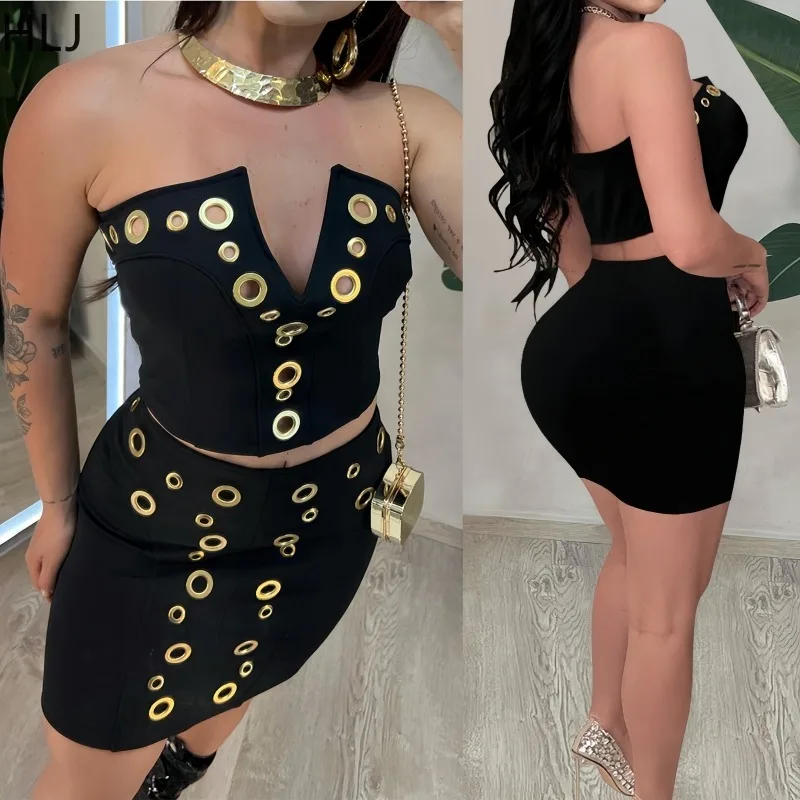 

HLJ Sexy Hollow Out 2 Pieces Set for Woman Outfits Sleeveless Backless Crop Top + Skirts Female Streetwear Vestidos Summer New