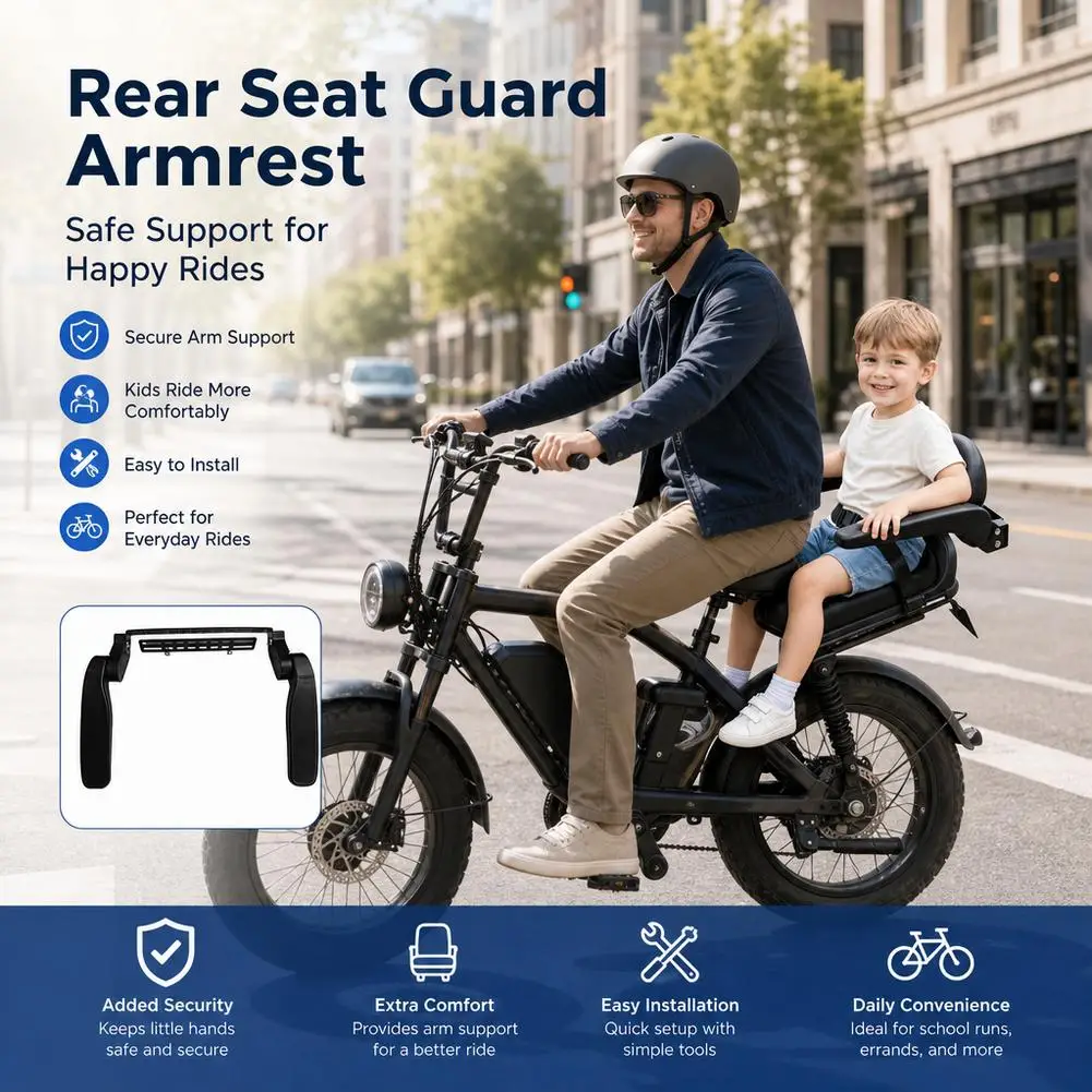 Foldable E-Bike Child Rear Seat with Safety Guard Adjustable Lift  Rotate Armrest for Anti-Fall Protection ﻿