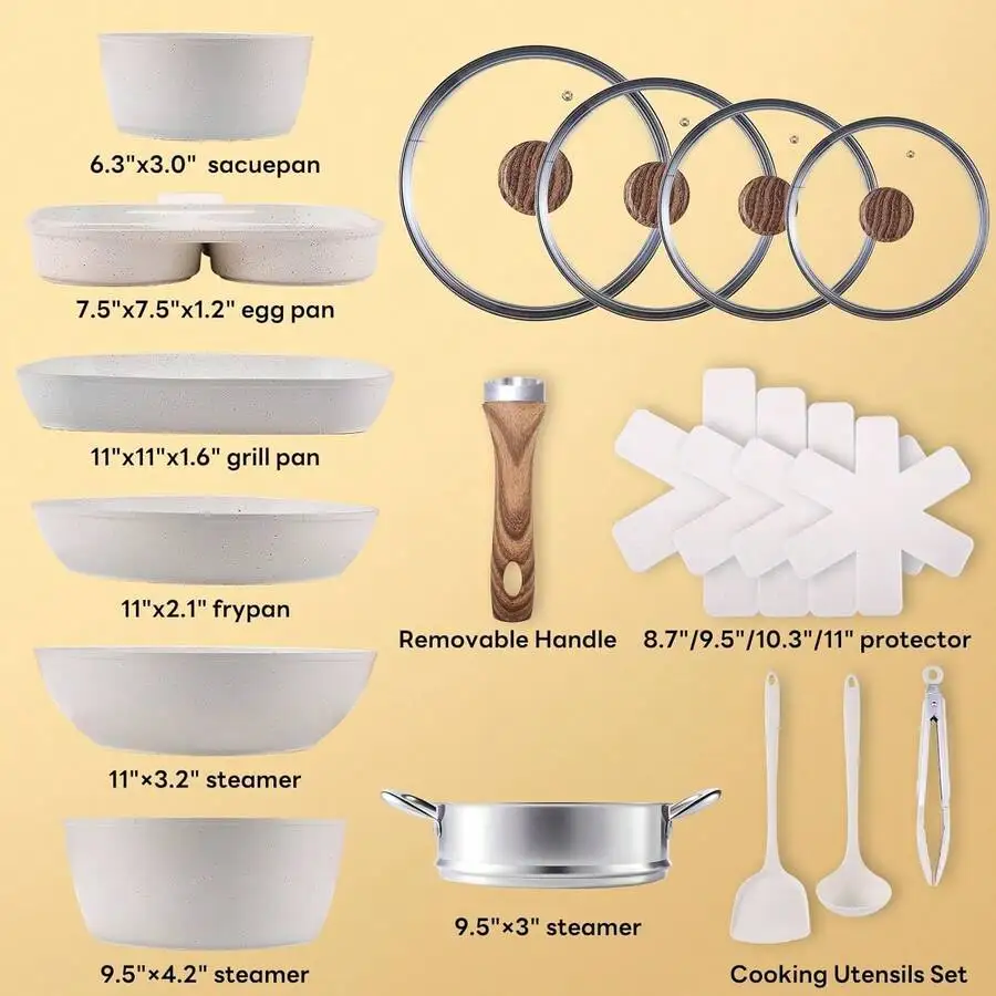 17 Pcs Pots And Pans, Kitchen Cooking Set With Stay-Cool Handles,Kitchen Induction Cookware Suit With Detachable Handle