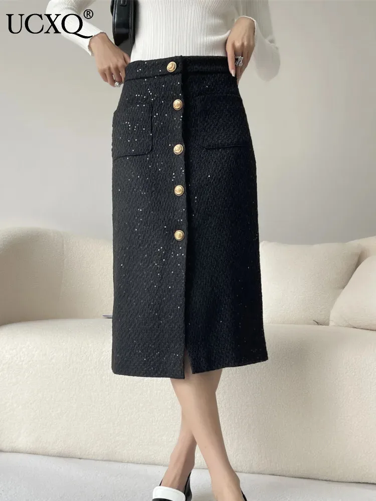 UCXQ Elegant Casual Skirt Korea Style Office Lady Tweed Sequin Black All Match Fashion A-line Skirts Women 2025 Spring Autumn