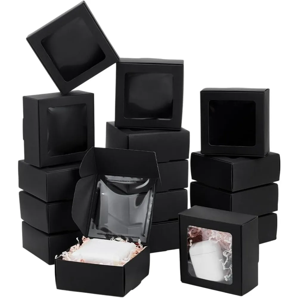 

30pcs Square Black Paper Boxes Gift Boxes with Clear PVC Window for Wedding Gift Chocolates Cookies and Other Small Crafts
