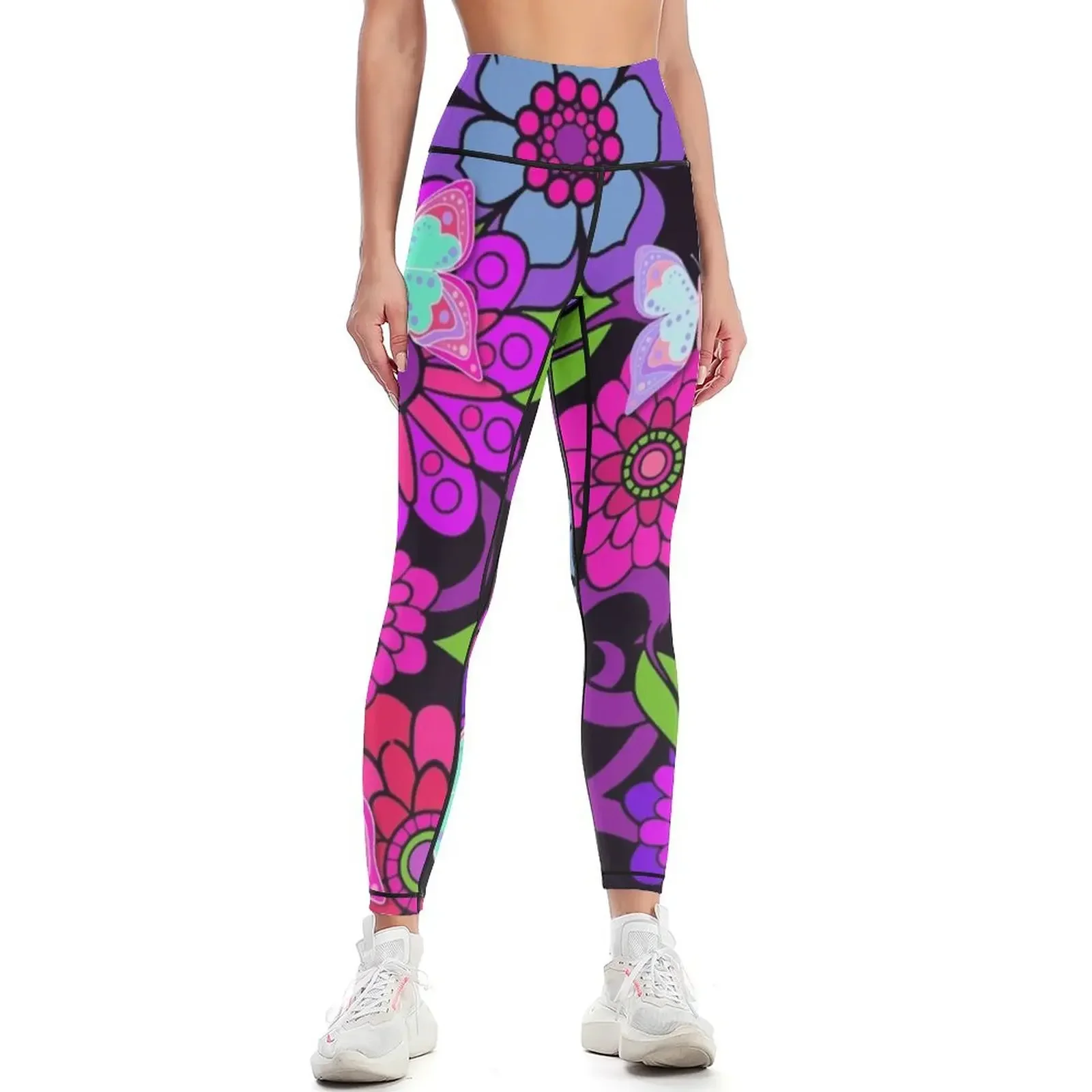 

Funky Retro and Butterflies Art Leggings Sweatpants sport legging sport pants high waist Womens Leggings