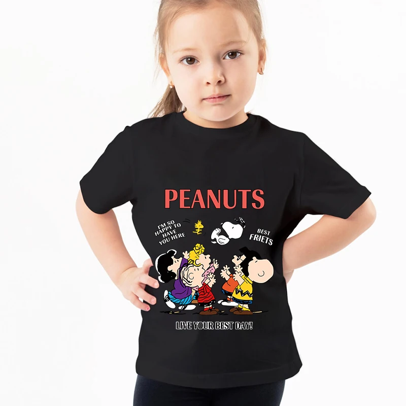 

Детская футболка Snoopy с принтом, летняя детская хлопковая черная Повседневная футболка с коротким рукавом, подходит для мальчиков и девочек