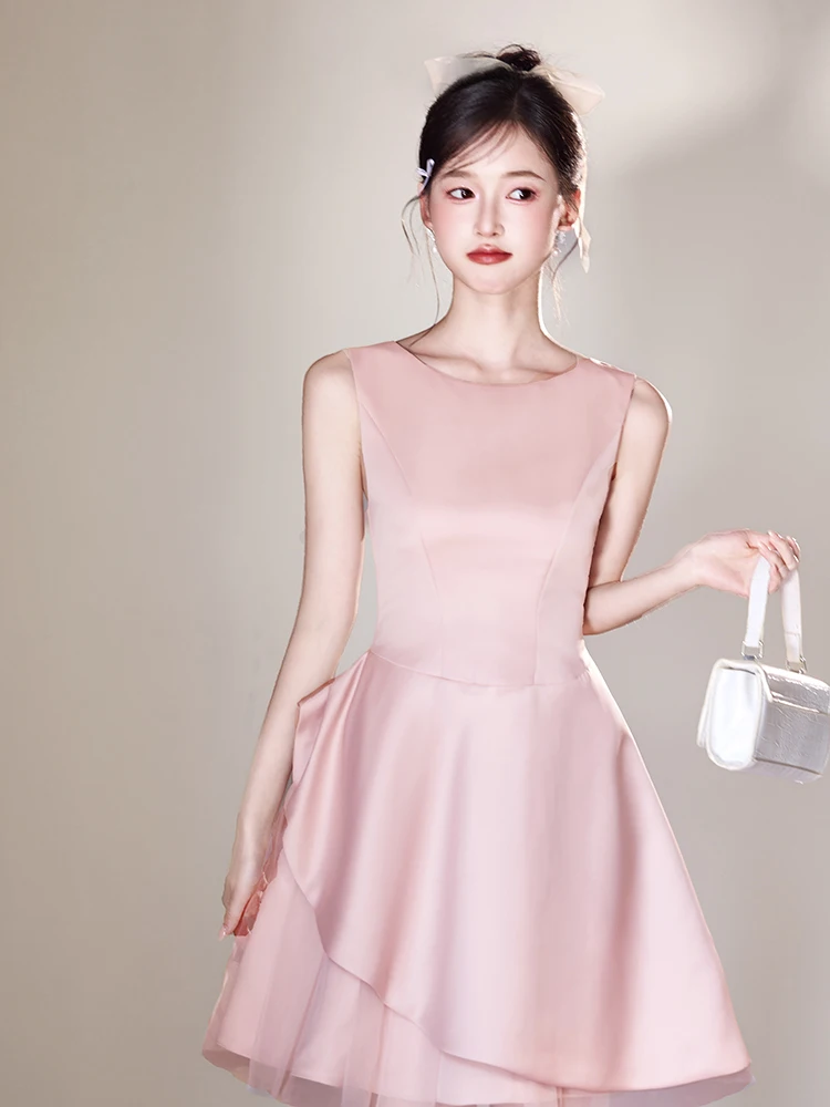 Robe de soirée courte rose en Satin pour femmes, tenue de soirée élégante, col ras du cou, ligne a, légère, de luxe, plissée, pour occasions formelles