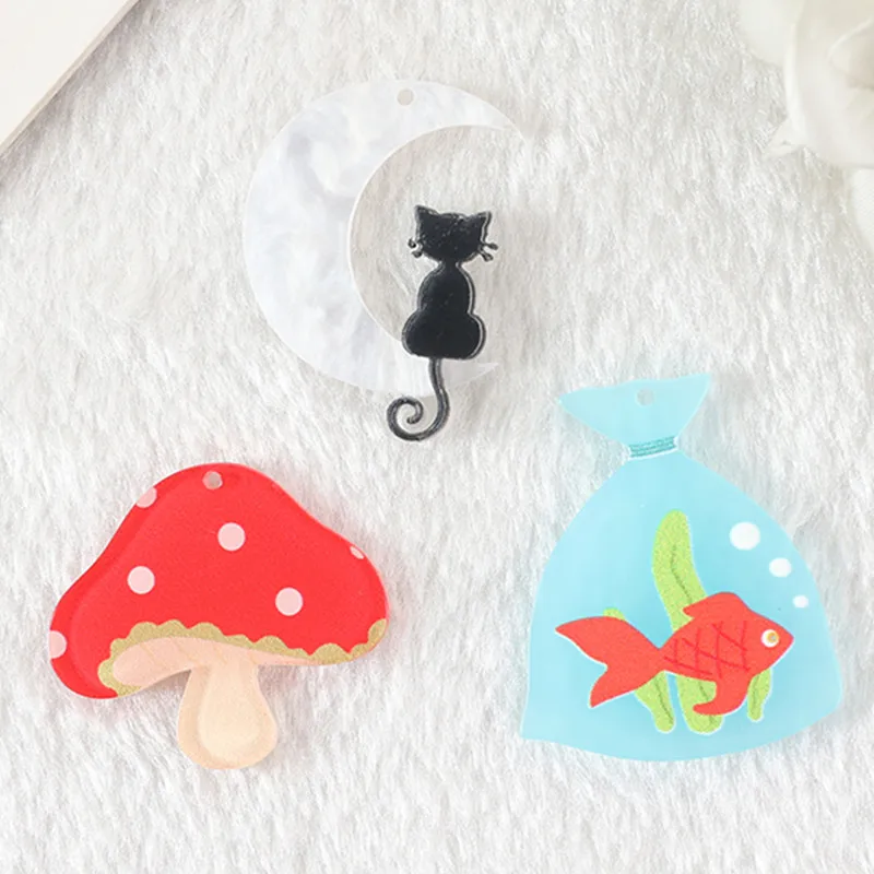 6pcs Mushroon Charms Acrylic Magic Moon Cat Goldfish Bag  Pendant For Earring Keychain Necklace Diy