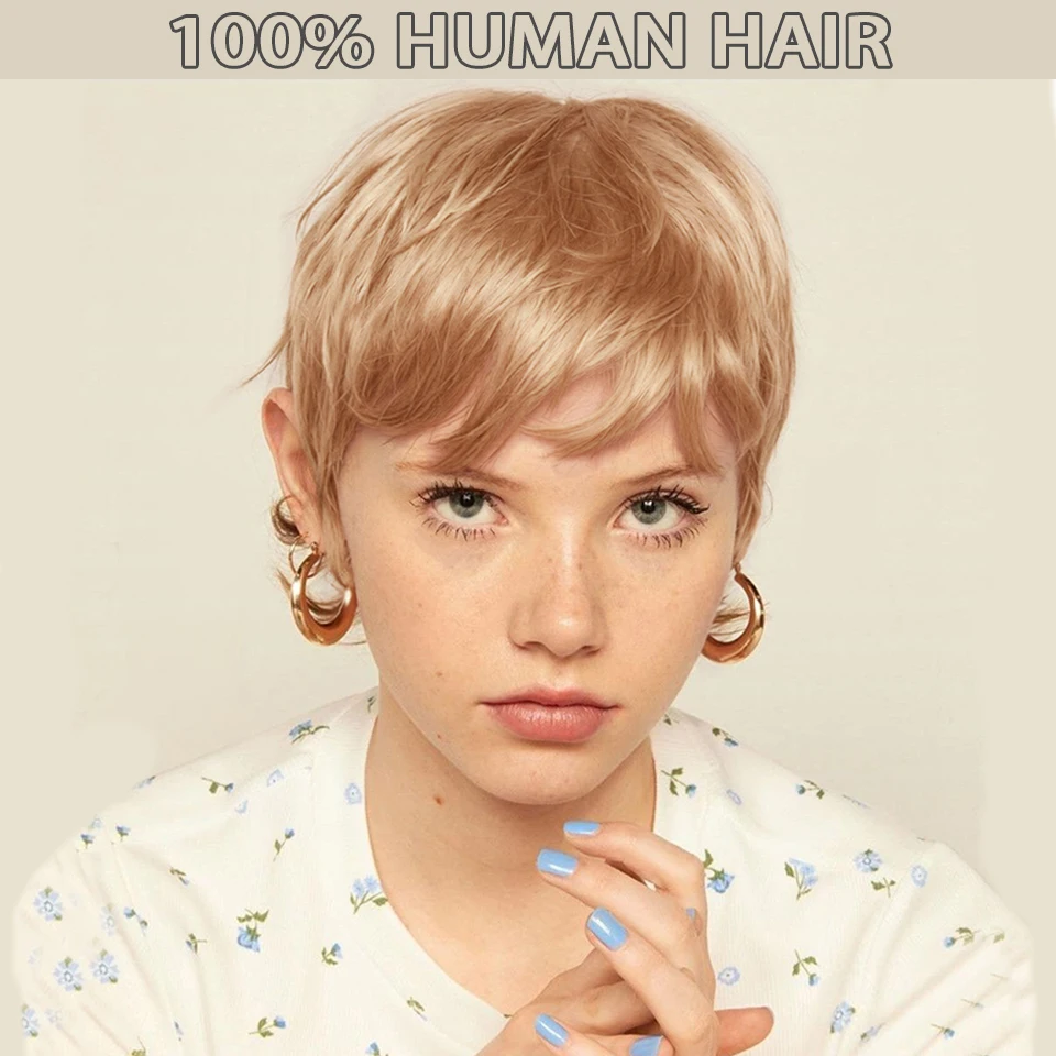 

# Короткий прямой парик-пикси для женщин, цвет медово-коричневый, из бразильских натуральных волос, полностью машинной работы, без выпадения, для повседневного ношения