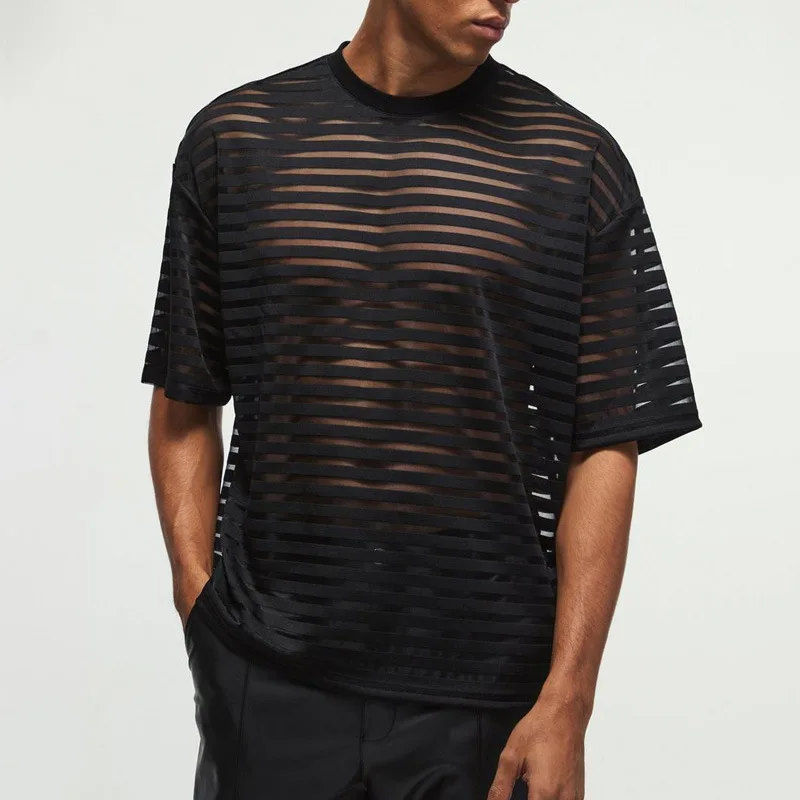 Men's Loose Fit Hollow out Short Sleeve T-Shirt Horizontal Stripes Party Wear Top Breathable Polyester Casual round Neck
