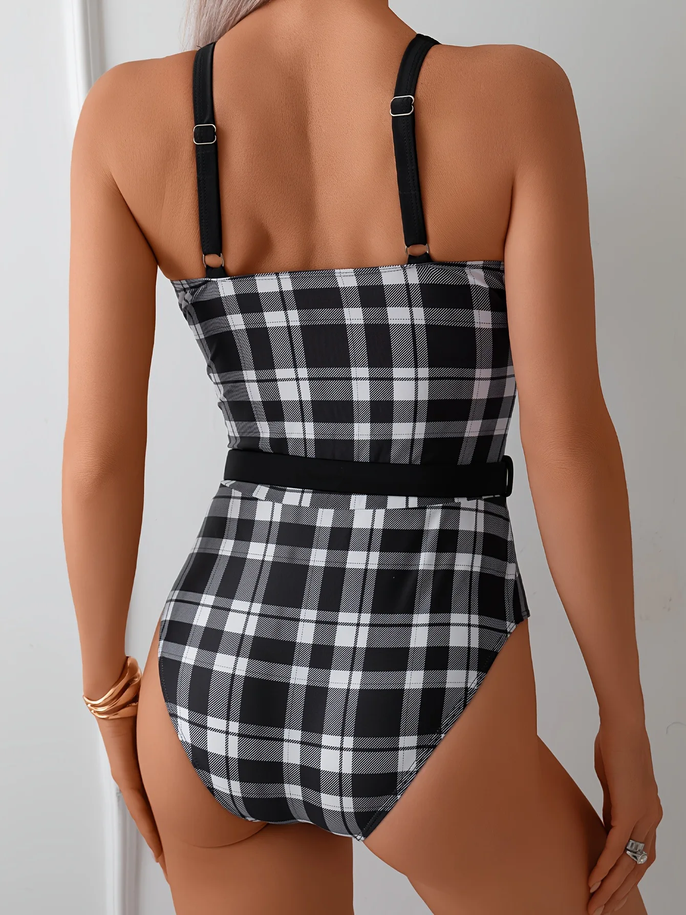 Plaid Deep V One Piece Vintage Style Swimsuit with Tummy Control Wirefree Comfort Summer V Neck Corset Bikini Bodysuit Top Femme