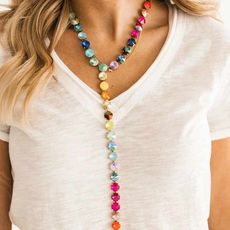 Vintage Baroque Rainbow Round Gemstone Clavicle Chain Gold Plated Colorful Claw Diamond Necklace Sweet Cool Atmosphere - view 2