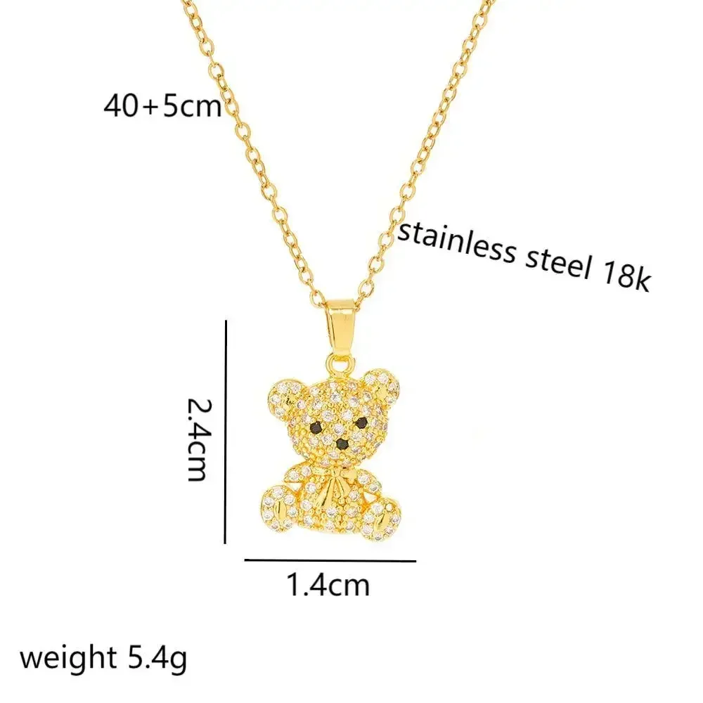 This 3D bear titanium steel women's necklace is set with diamonds and an elegant collarbone chain