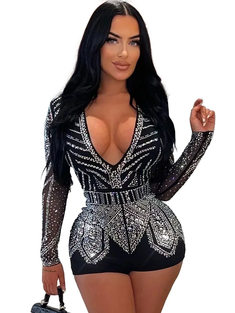 Sexy Mesh Rhinestone Playsuits Women Bodycon Jumpsuit Long Sleeve V Neck See Through Night Club Rompers Party Jumpsuits Shorts