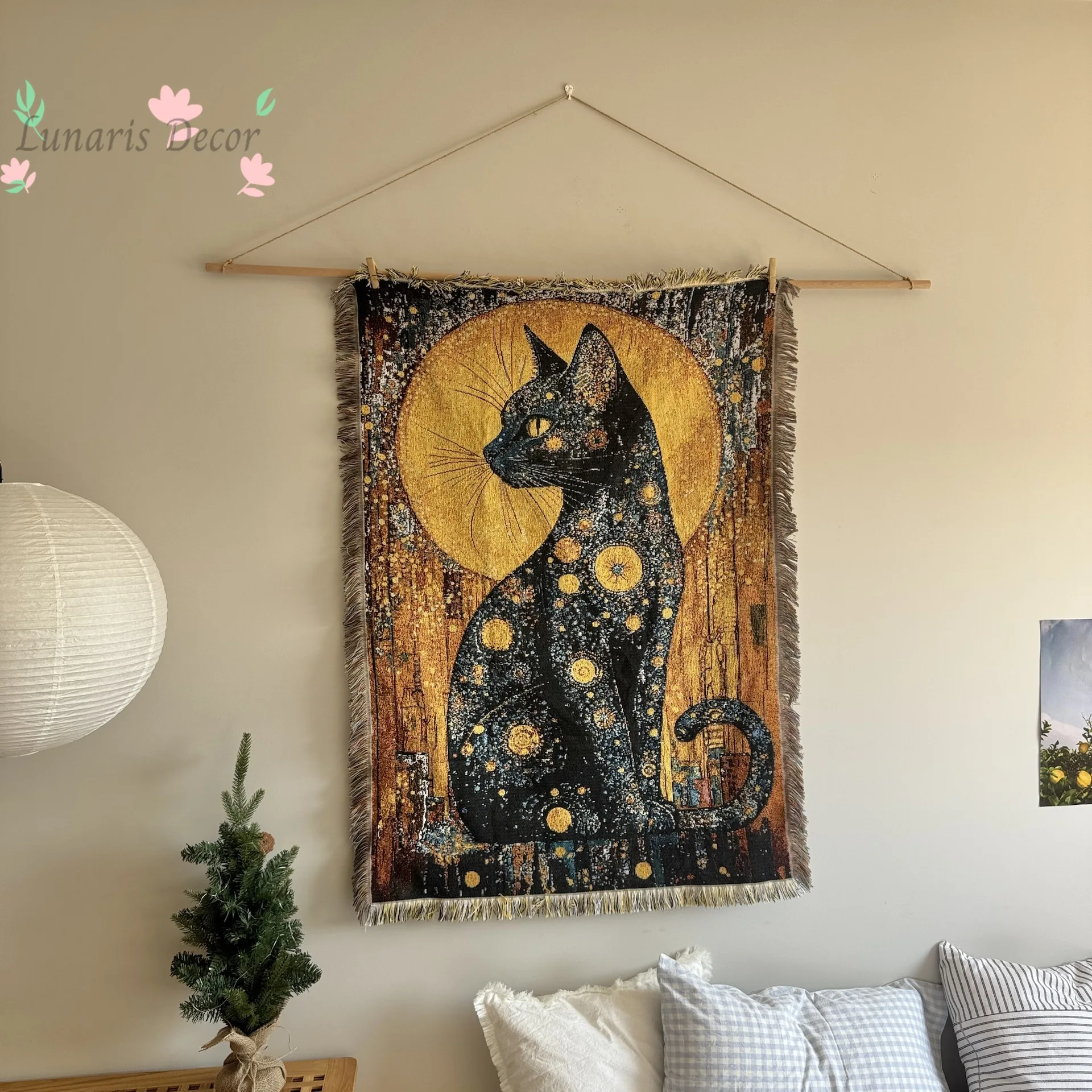 Impressionist Klimt-style mysterious night celestial cat tapestry